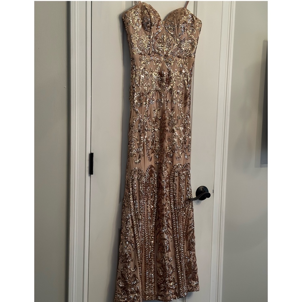 Bariano Rebecca Rose Gold Strapless Sequin Maxi Dress - Picture 5 of 10